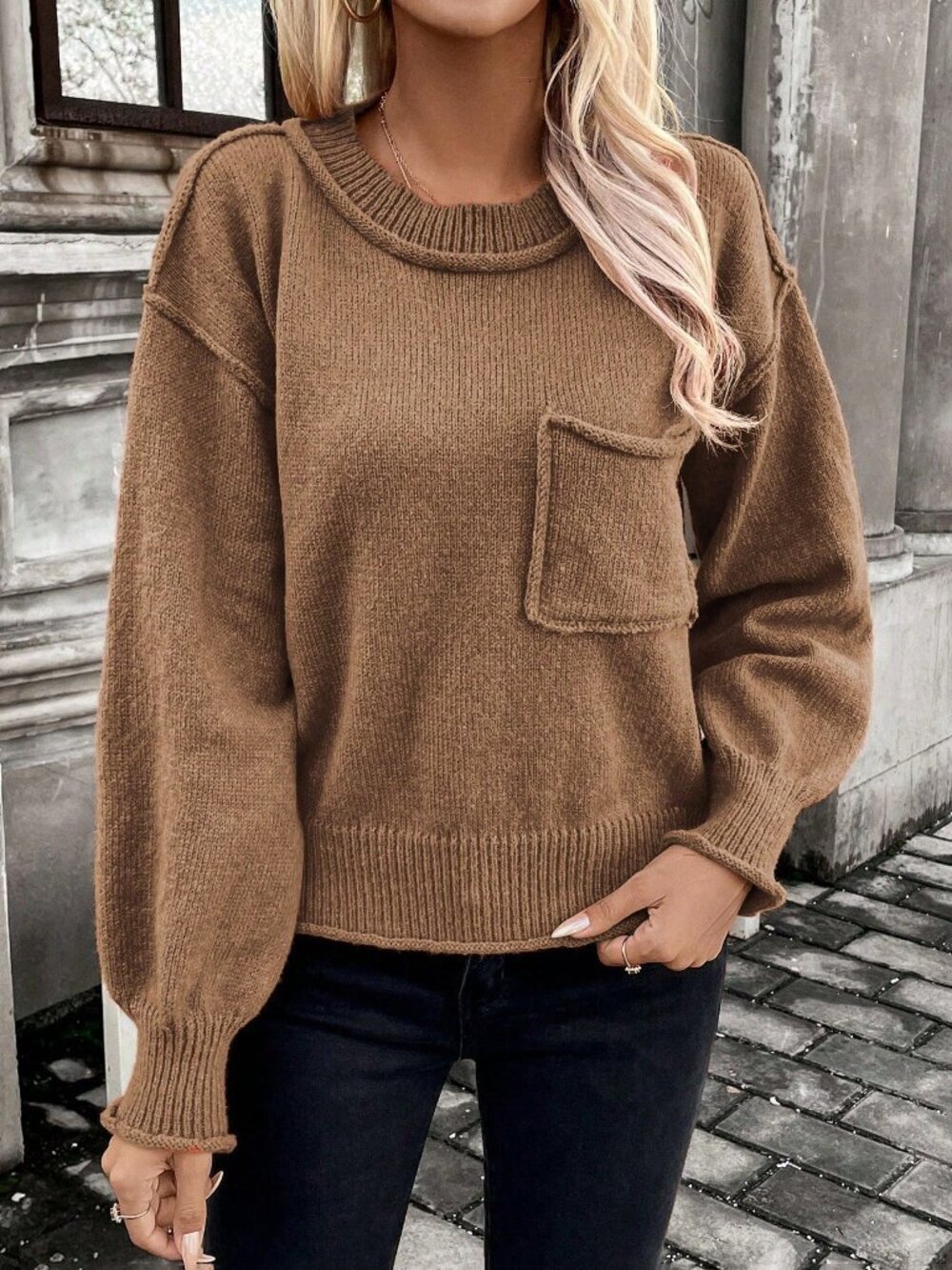 Coffee Brown Casual Women's Pocket Loose Crew Neck Long Sleeve Sweater Top - Picture 5 of 6